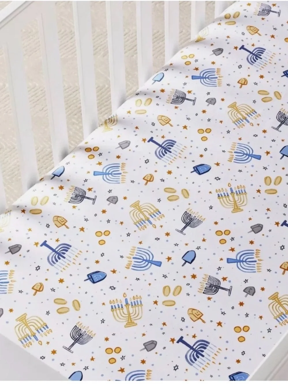 Pottery Barn Kids White Crib Sheet with Blue and Gold Hanukkah Motifs